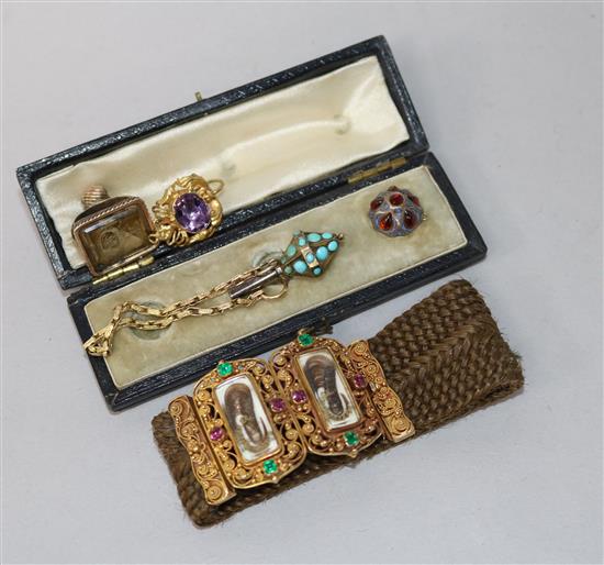 A Victorian yellow metal and paste set hair mourning bracelet and four other items of jewellery.